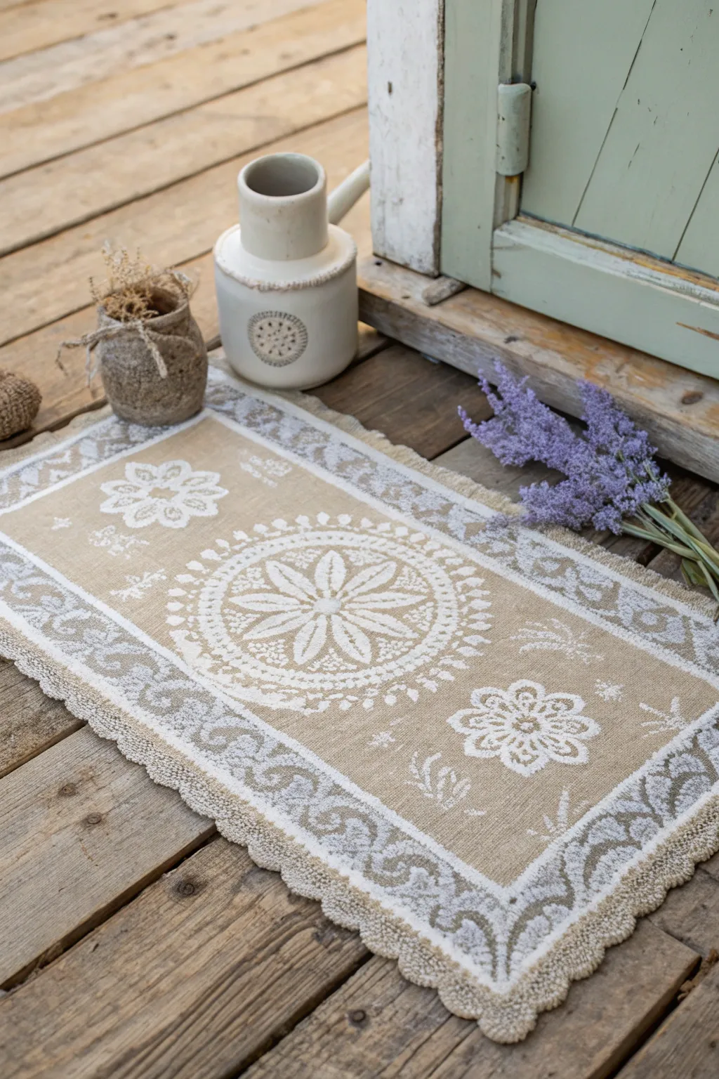 Step into nostalgia with a lace-patterned doormat that whispers vintage charm.
