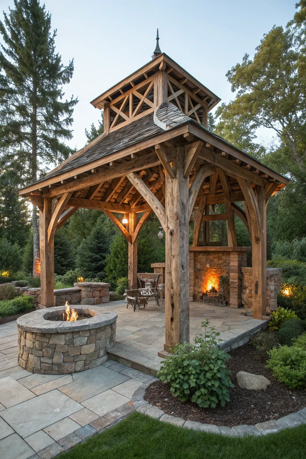 Embrace the charm of sustainability with a rustic pavilion made from reclaimed wood, perfect for your fire pit gatherings.