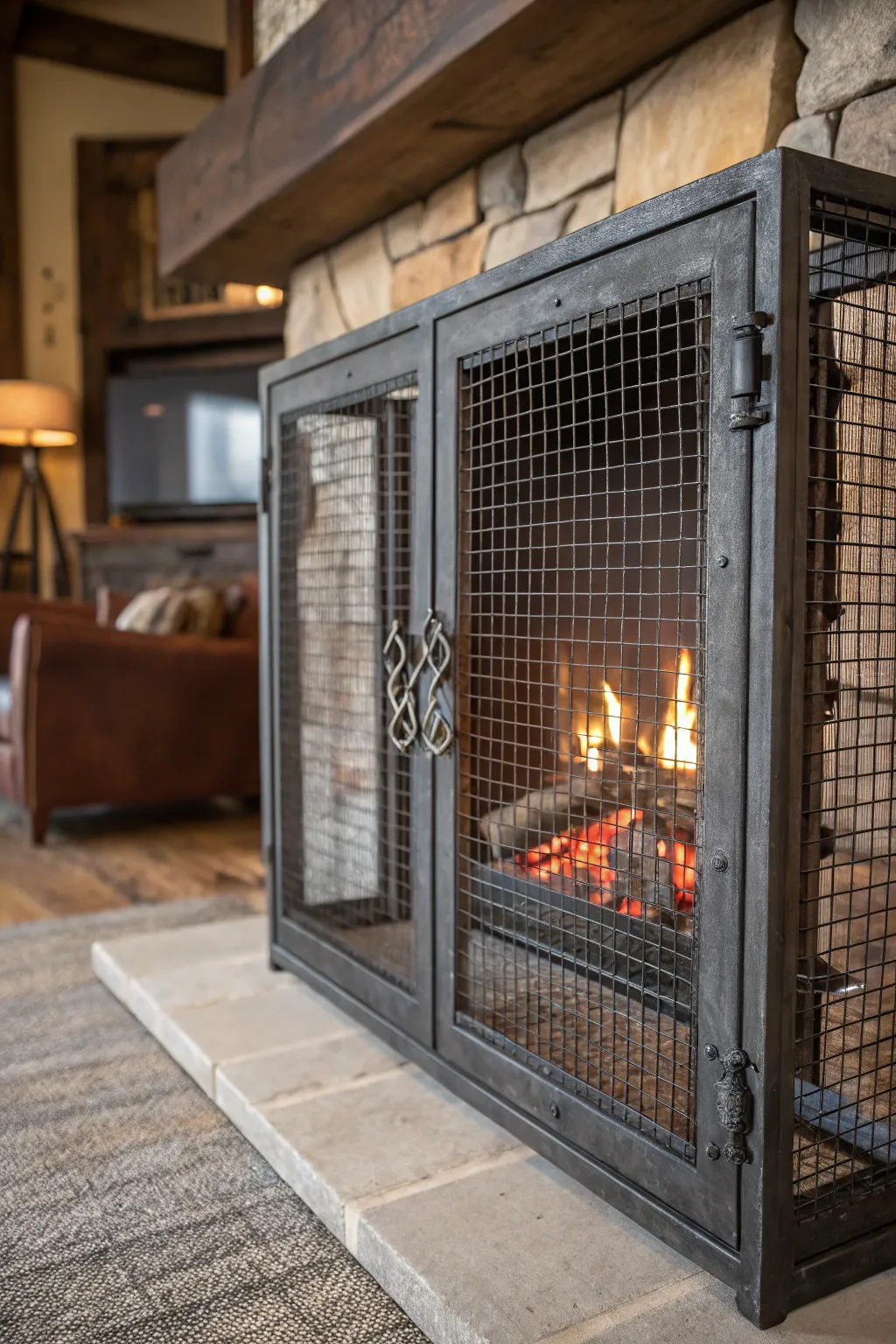 Elevate your space with an industrial-chic wire mesh fireplace screen that marries style with functionality.