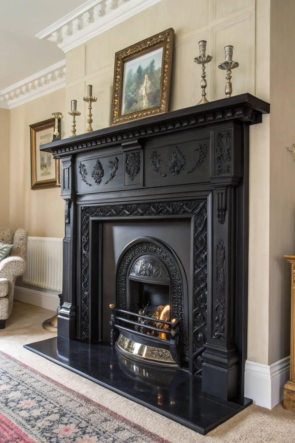 Elevate your space with the timeless drama of a black-painted fireplace.