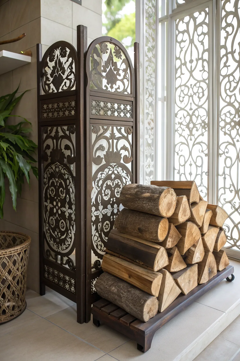 Transform your firewood storage into a masterpiece with a decorative screen backdrop.