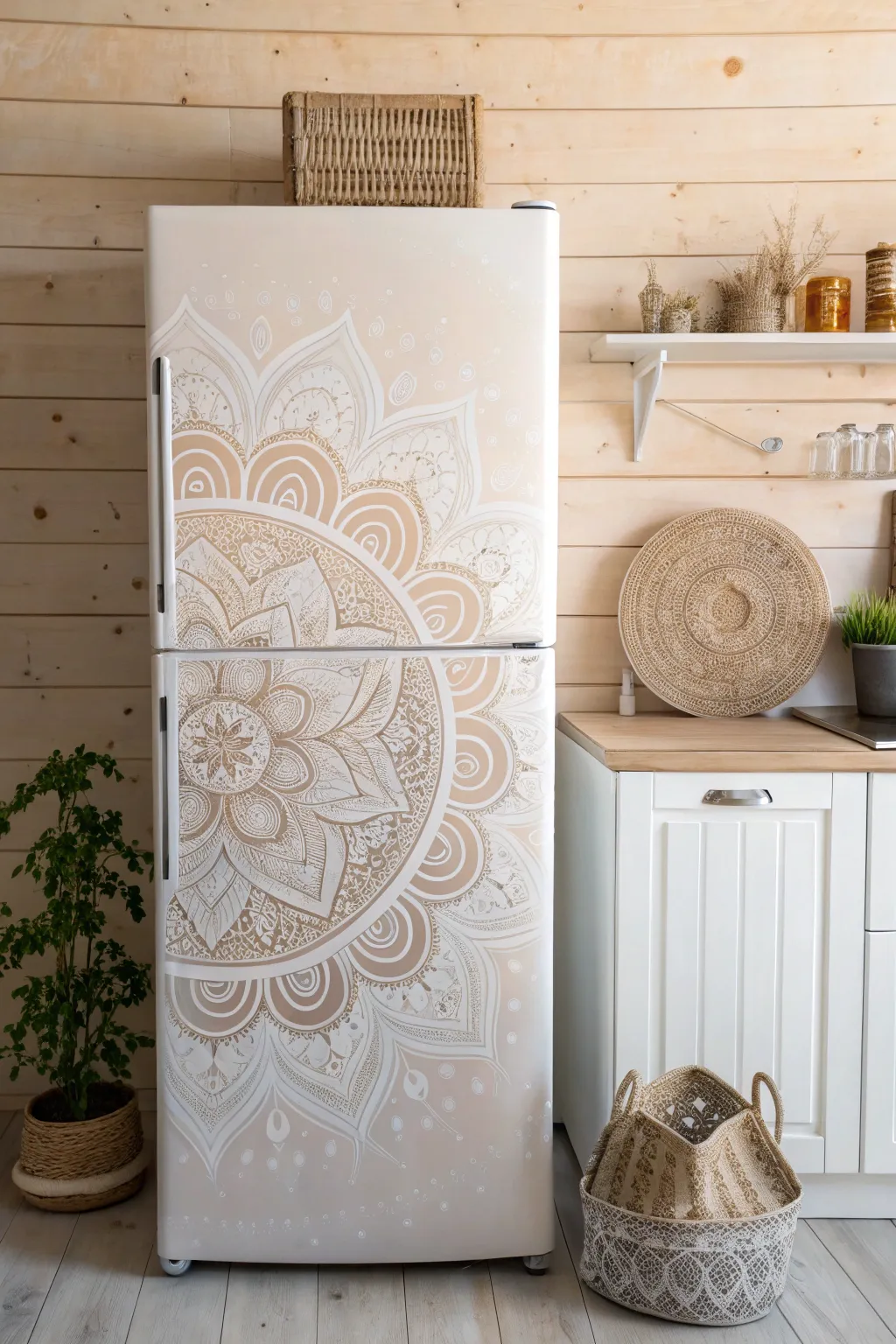 Transform your kitchen into an art gallery with a mandala-stenciled fridge masterpiece!