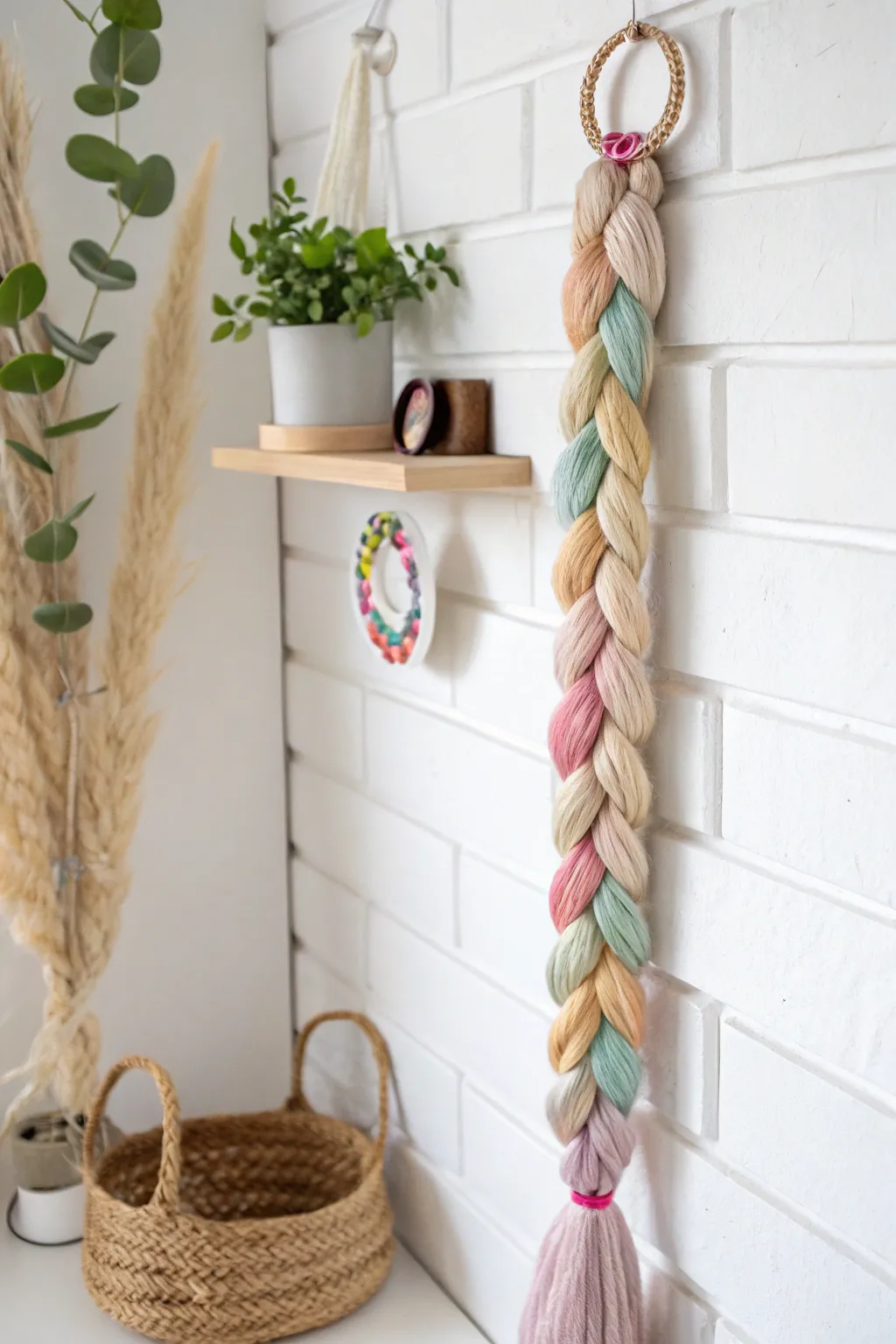 Add a touch of whimsy to your room with this colorful yarn braid hair tie holder!