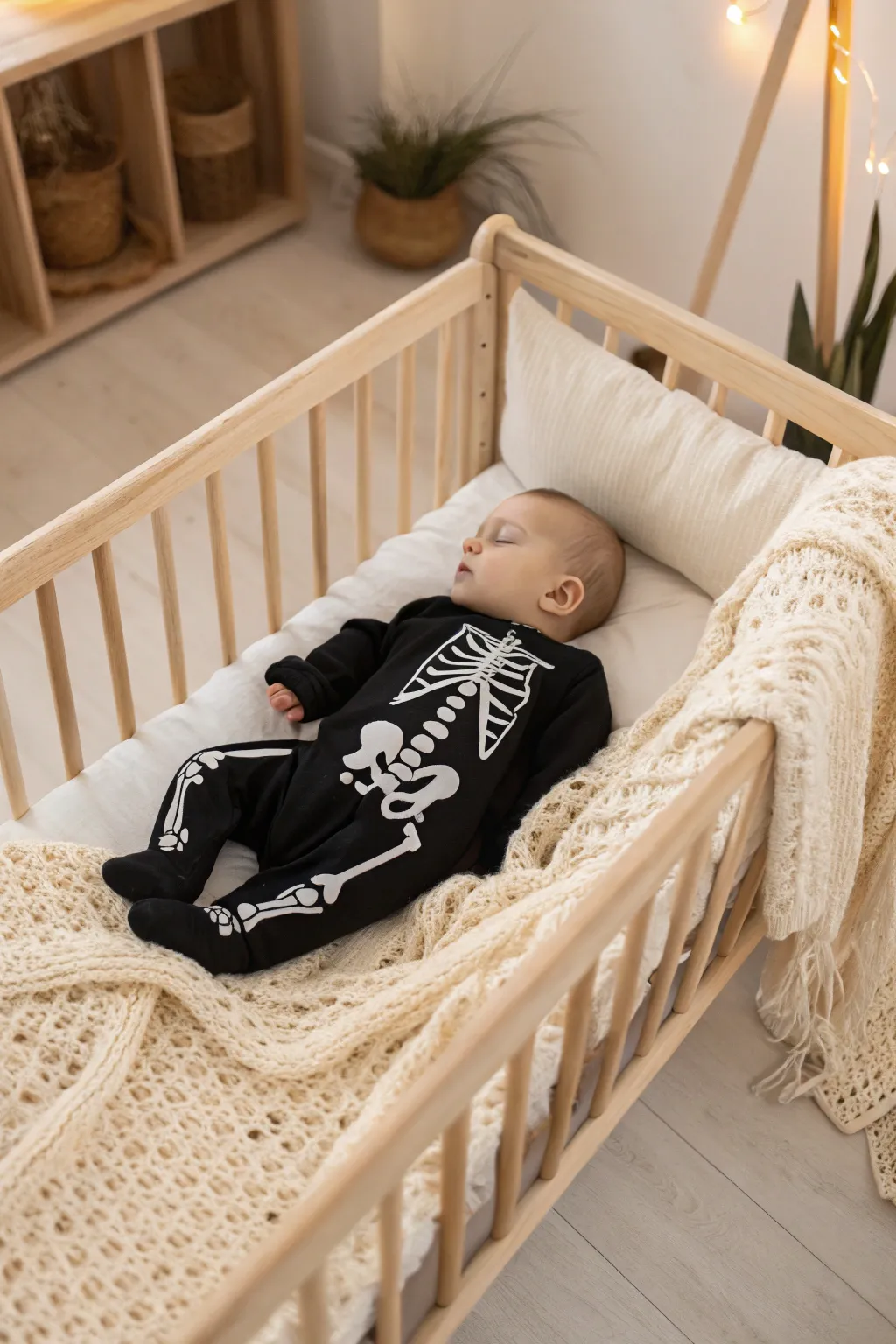 Sweet Dreams in a Skeleton Suit: Embrace the whimsical contrast of Halloween night with a touch of cozy charm. 🌙🖤