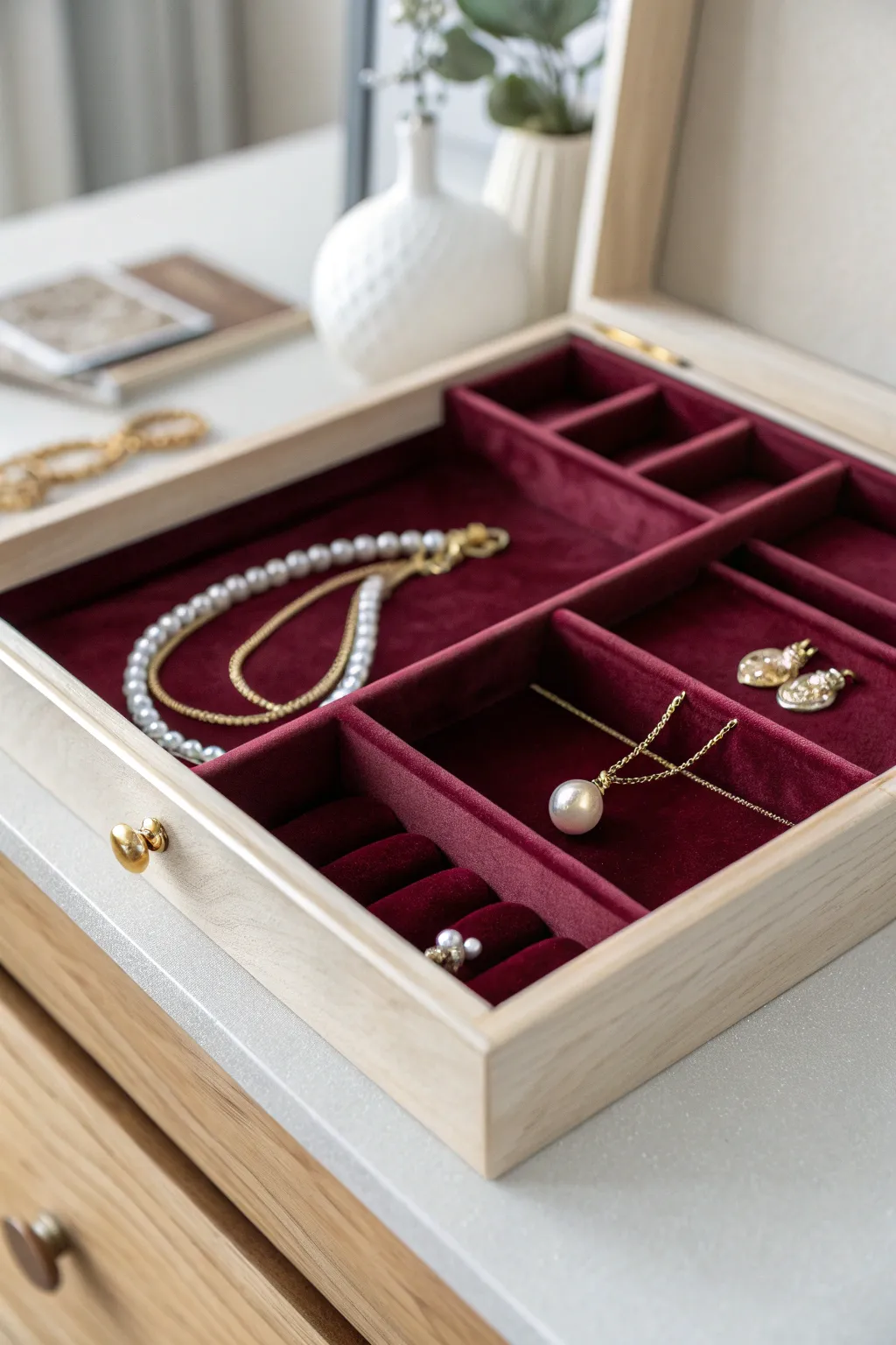 Elevate your jewelry storage with luxurious velvet-lined drawers for a touch of elegance.