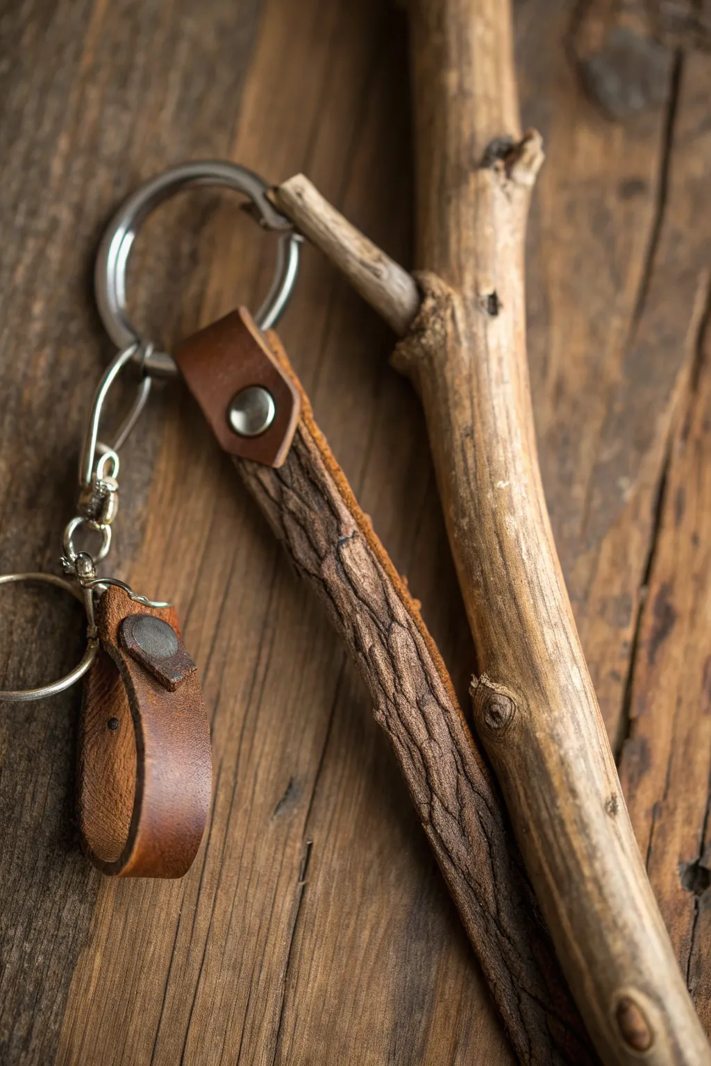 Embrace the outdoors with this rustic twig keychain, a perfect blend of nature and craftsmanship.