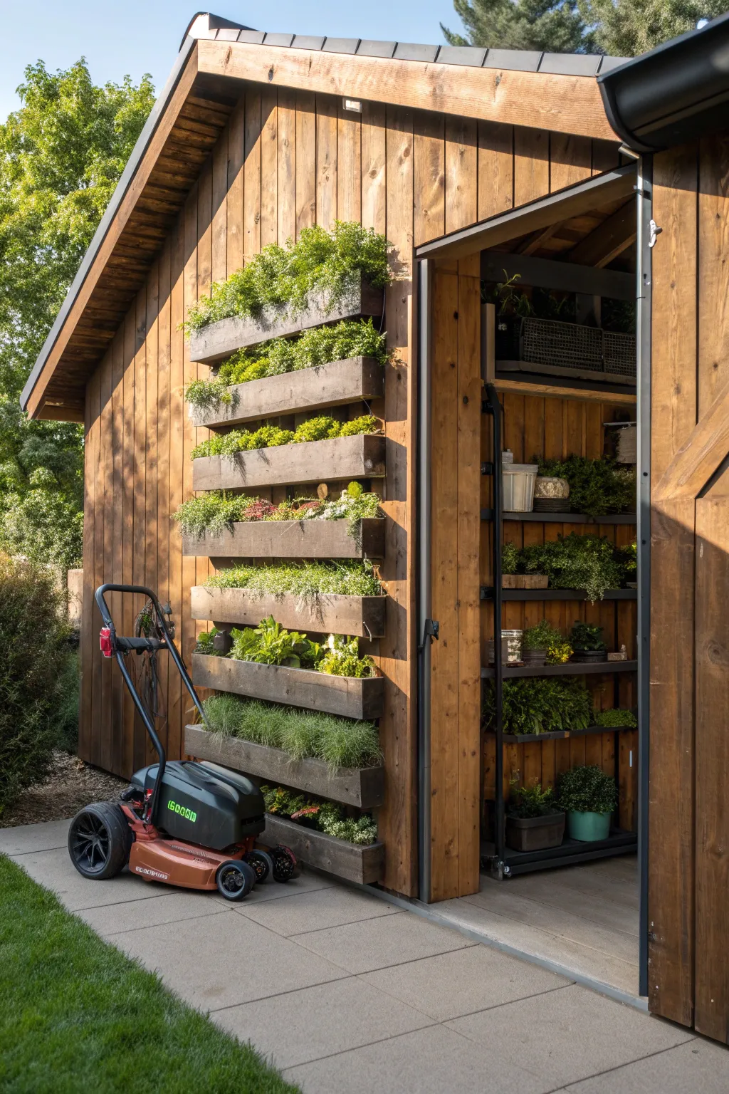 Innovative storage meets greenery: Transform your shed into a vertical garden paradise.