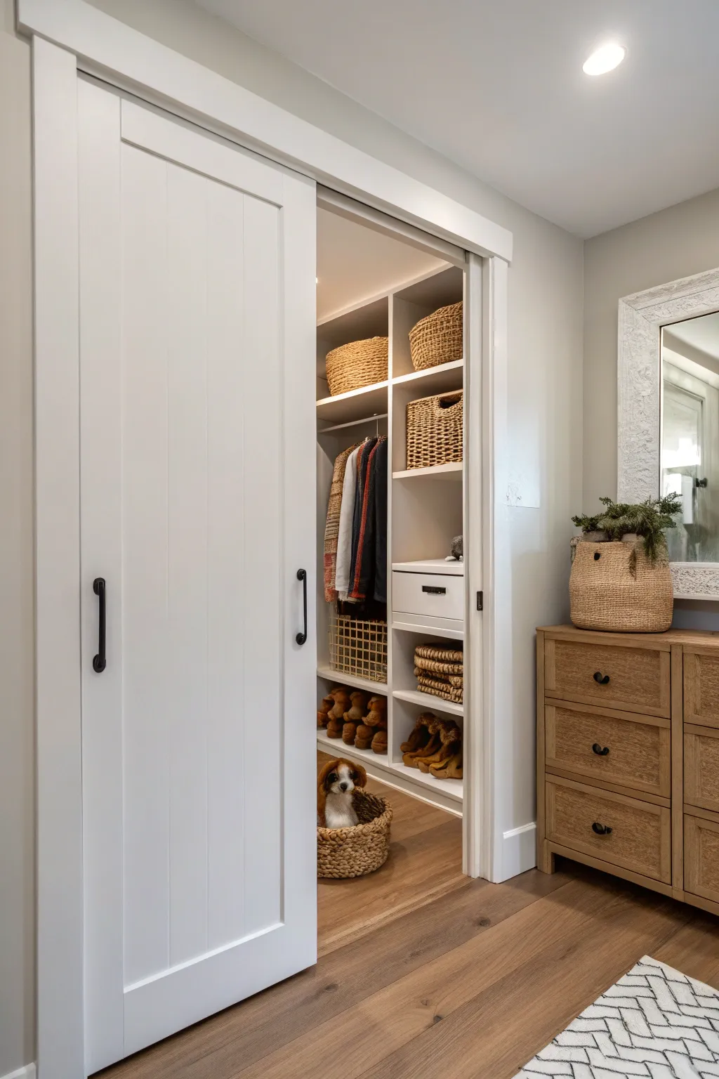 Transform your closet into a chic, private retreat for your pet with this Scandinavian-inspired pet door conversion. #DIYHome #PetFriendlyDesign