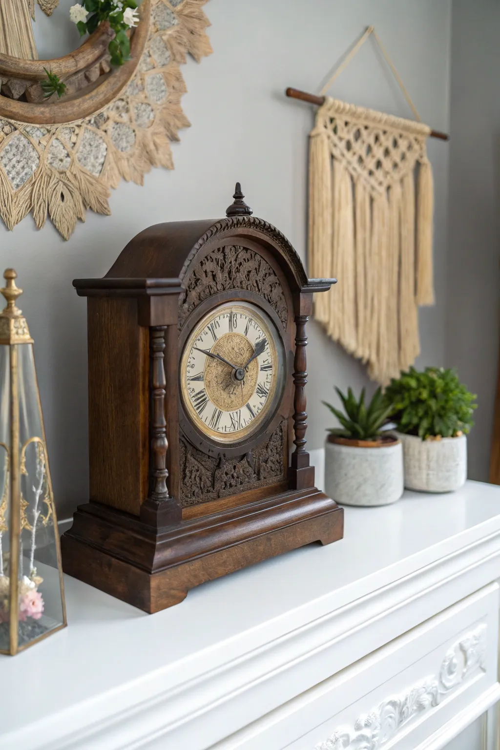 Add timeless elegance to your mantel with a stunning antique clock, blending history with modern minimalist charm.