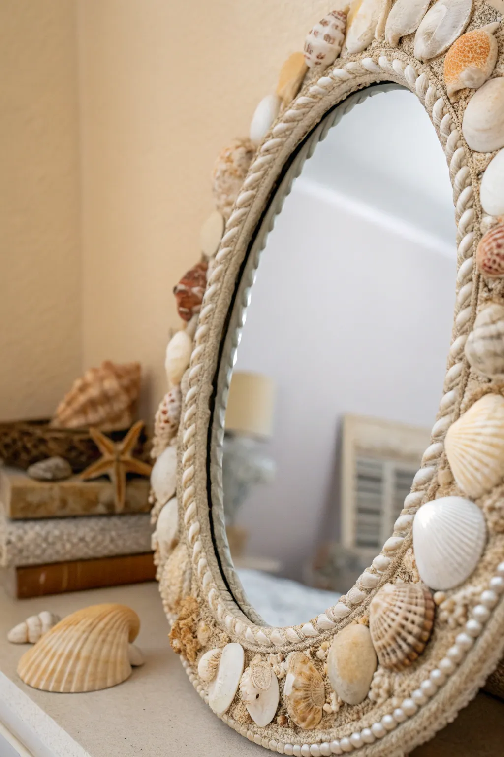 Transform your mirror into a seaside treasure with a stunning shell border. Perfect for adding a touch of coastal charm to your minimalist space.