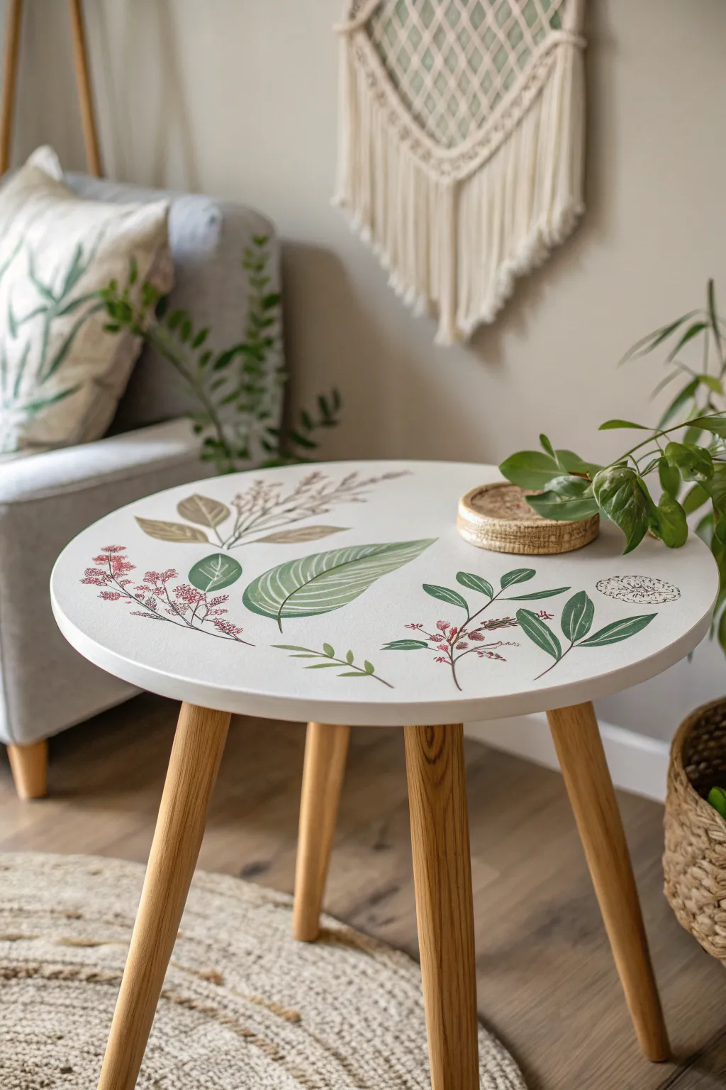 Bring garden magic indoors with beautifully painted botanical prints on a minimalist end table.