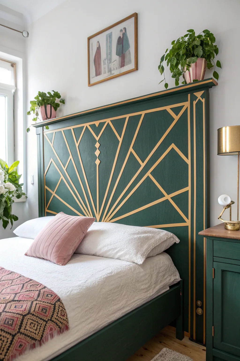 Transform your bedroom into a luxurious retreat with this Art Deco-inspired DIY headboard, where bold lines meet rich hues for a timeless touch of elegance.