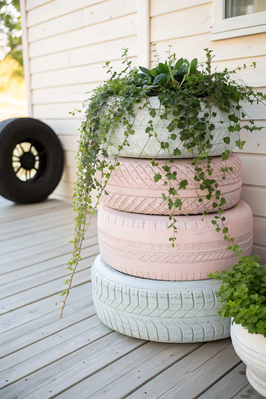 Transform a recycled tire into a chic garden feature with minimalist flair and Boho charm.