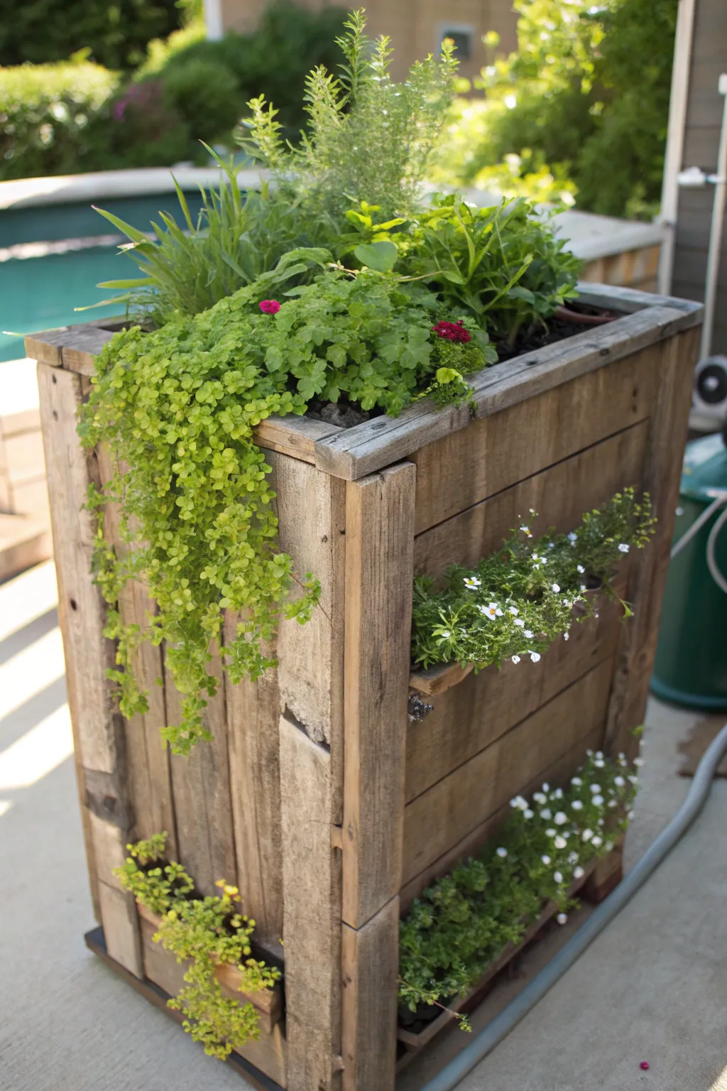 Transform your pool pump cover into a green wonderland with a vertical garden masterpiece.