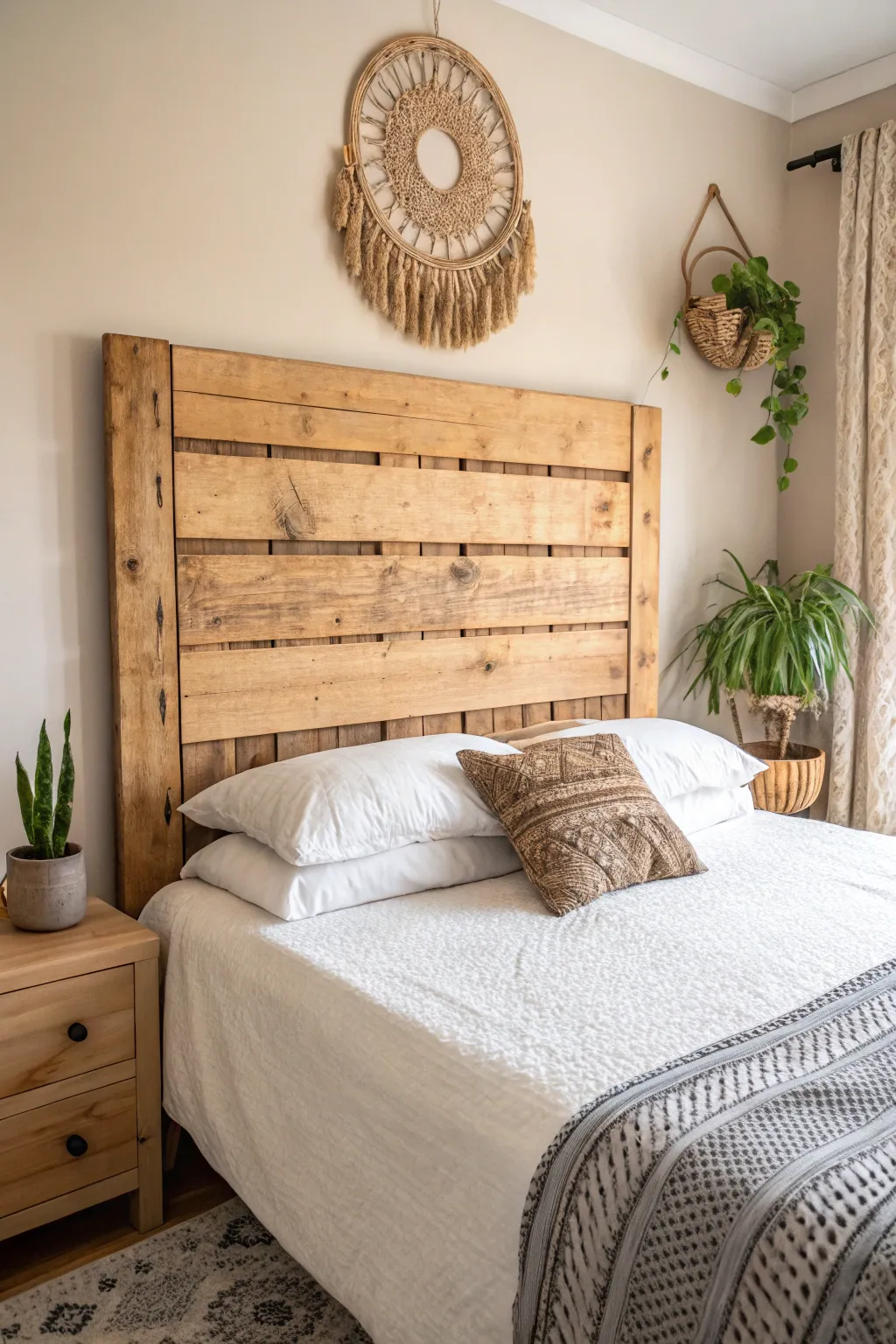 Transform your bedroom with a stunning DIY wooden headboard that combines rustic charm with minimalist elegance.