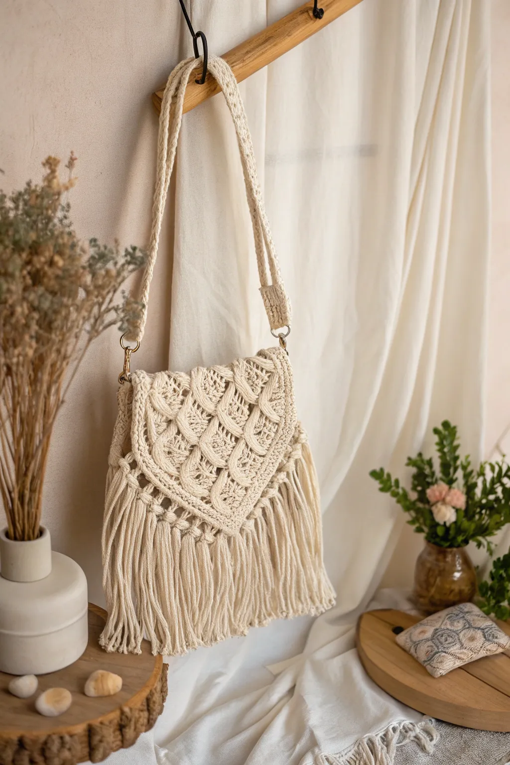 Embrace retro vibes with a handcrafted macramé purse, where simplicity meets natural elegance.