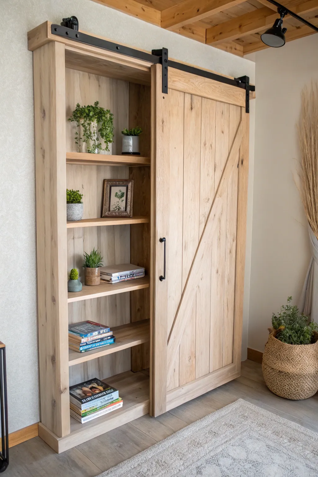 Slide into style with a rustic barn door bookshelf, where simplicity meets charm.