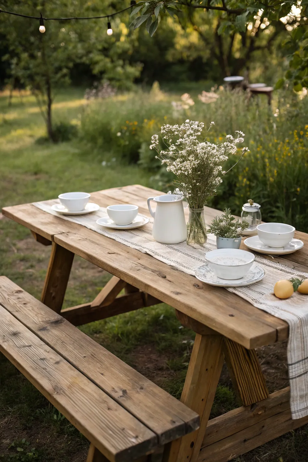 Embrace the beauty of nature with this charming reclaimed wood picnic table, perfect for your next outdoor gathering.
