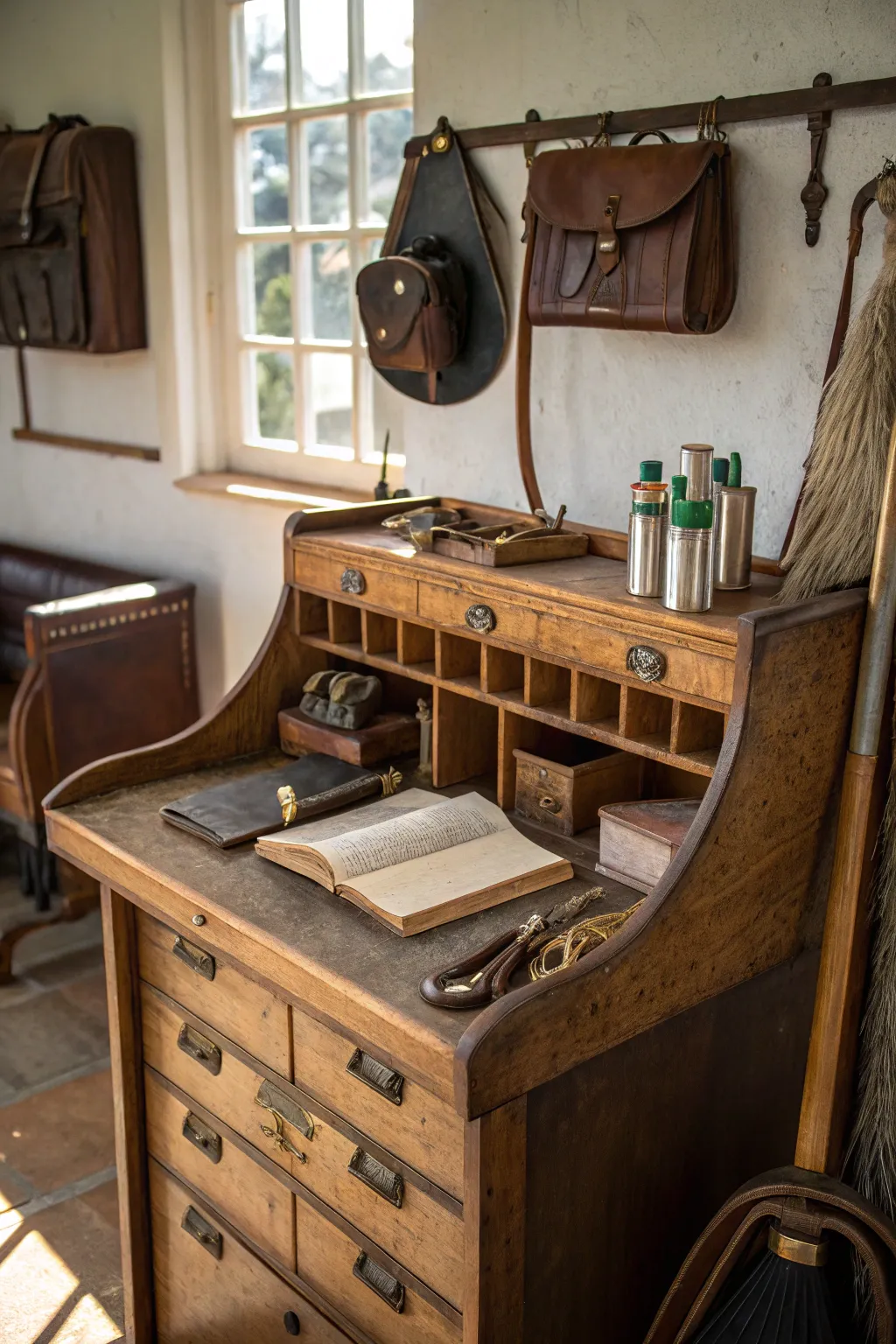 Transform your tack room with a vintage desk workstation for all your gear repairs and cleaning needs.