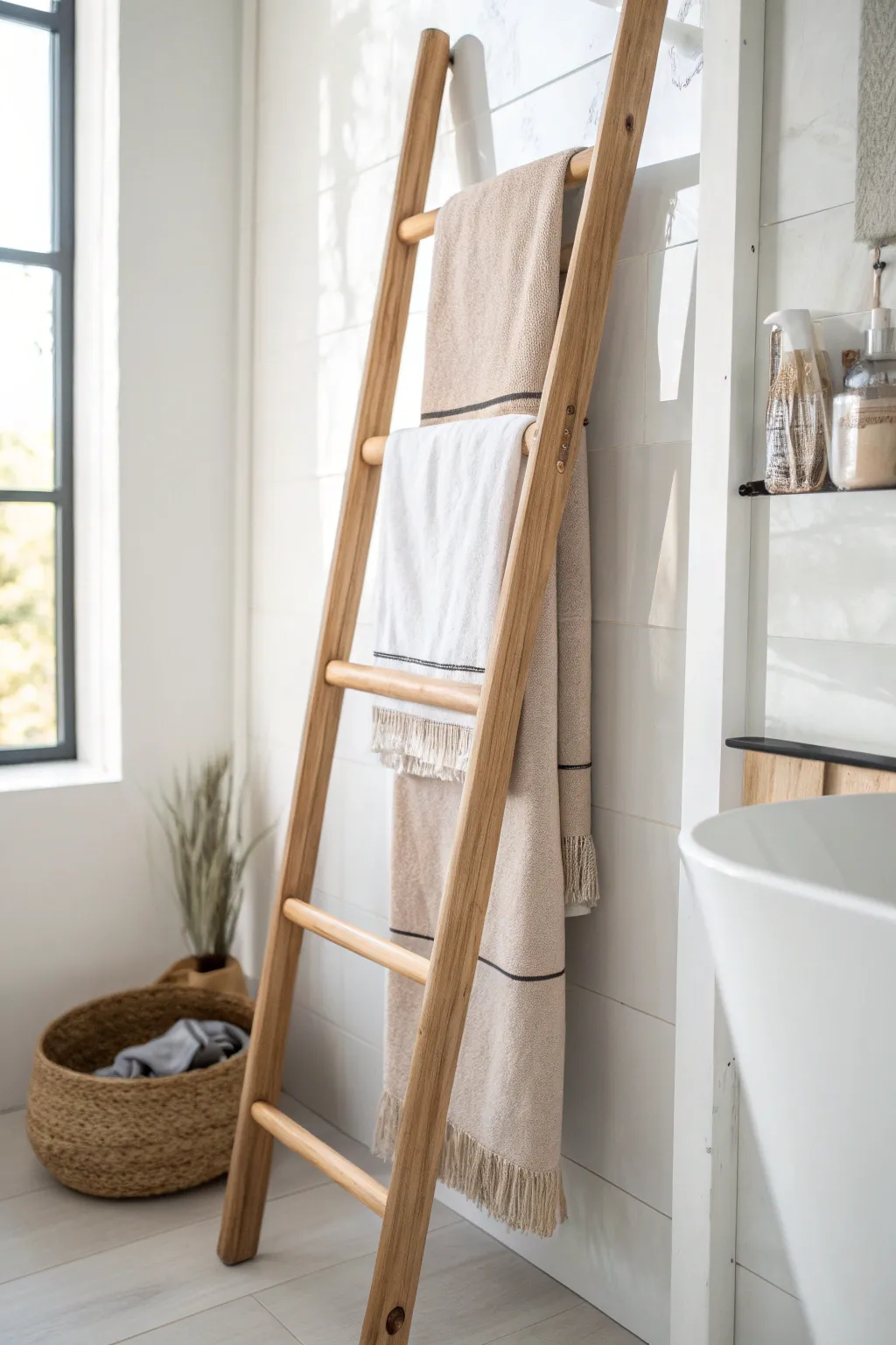 Elevate your small bathroom's style with a minimalist vertical towel ladder—a perfect blend of form and function.