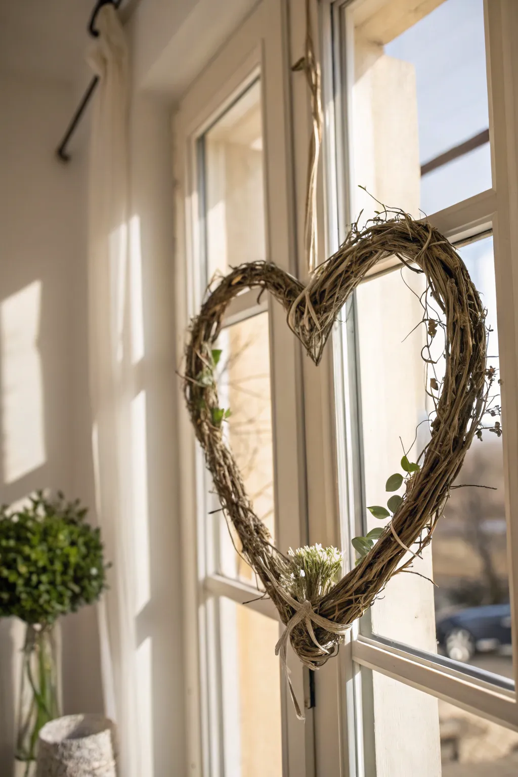 Bring nature's charm indoors with a rustic heart wreath, perfect for a cozy Valentine's window display.