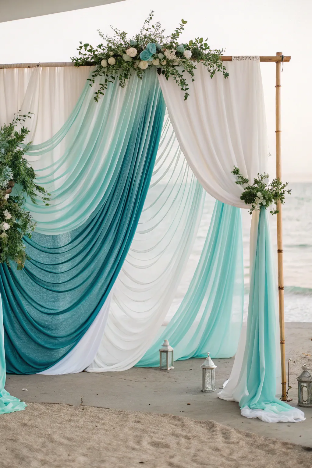 Dive into elegance with this ocean-inspired fabric wave backdrop, perfect for a dreamy DIY wedding setting.