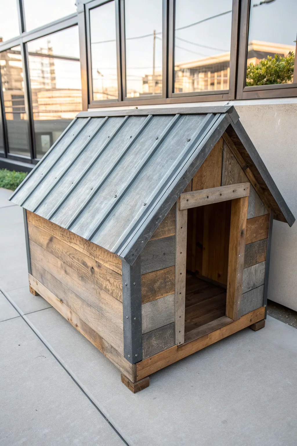 Elevate your dog house design with recycled metal roofs—where modern meets sustainable craftsmanship.