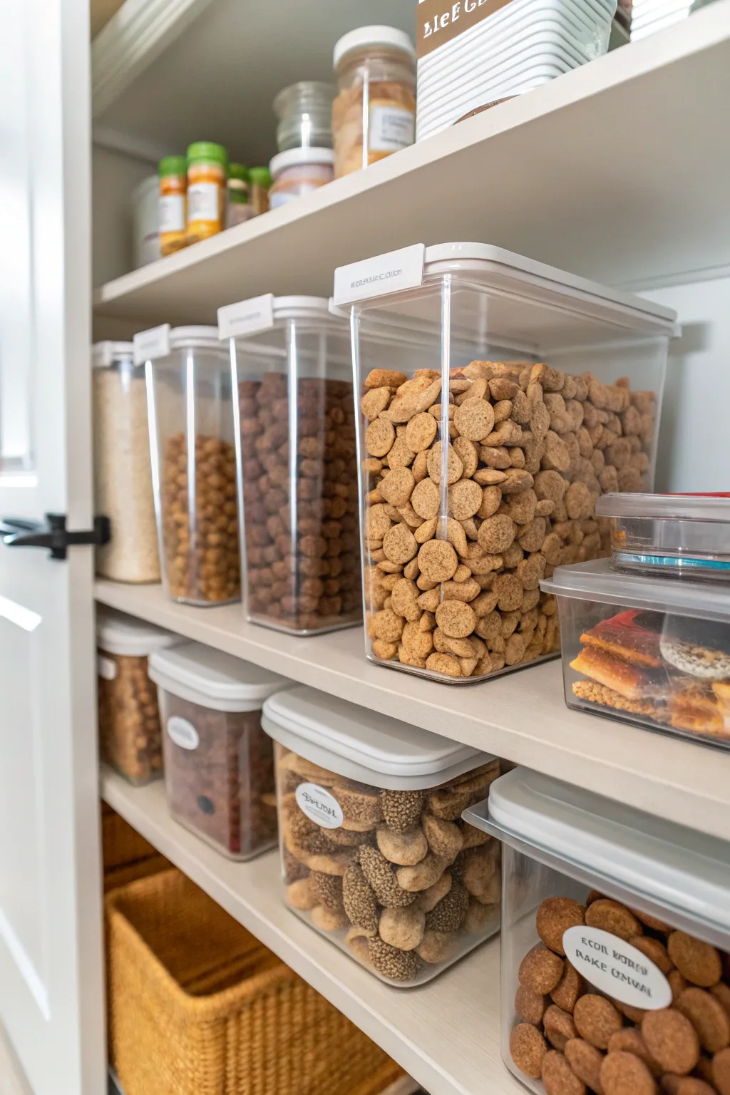 A well-organized pantry with a section for dog food and treats, ensuring easy access.