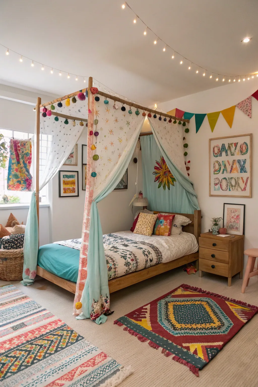 A playful canopy and quirky decor add whimsy to this charming bedroom.