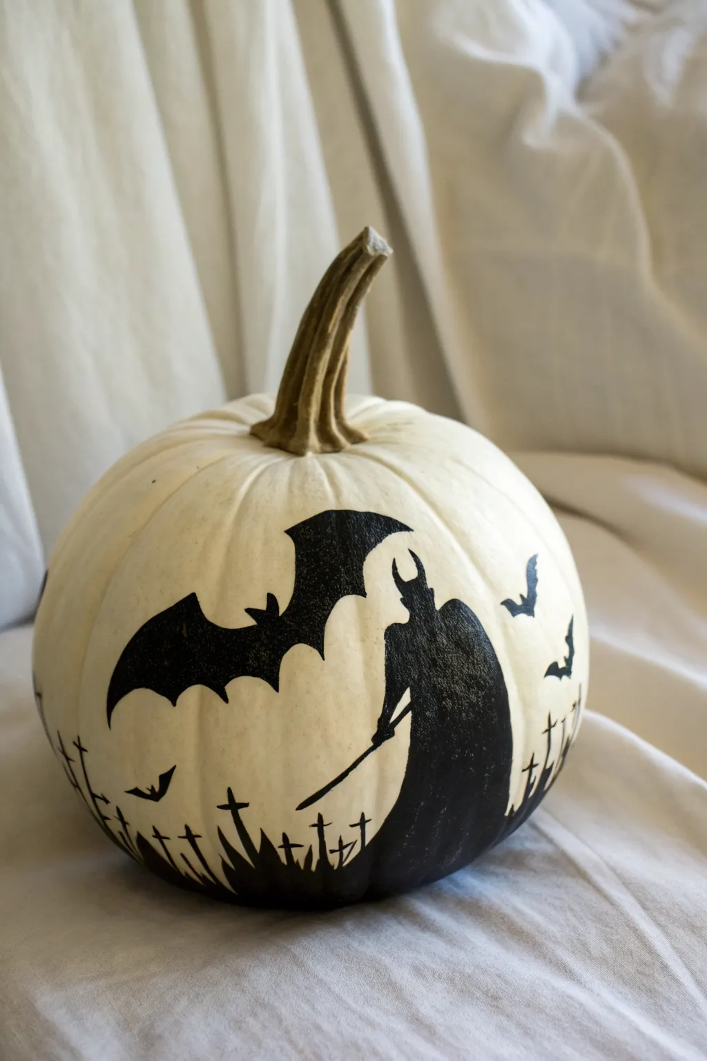 Embrace the haunting elegance of minimalist art with this Dracula's Shadow pumpkin design. 🎃🖤 #ScandiBoho #PumpkinArt