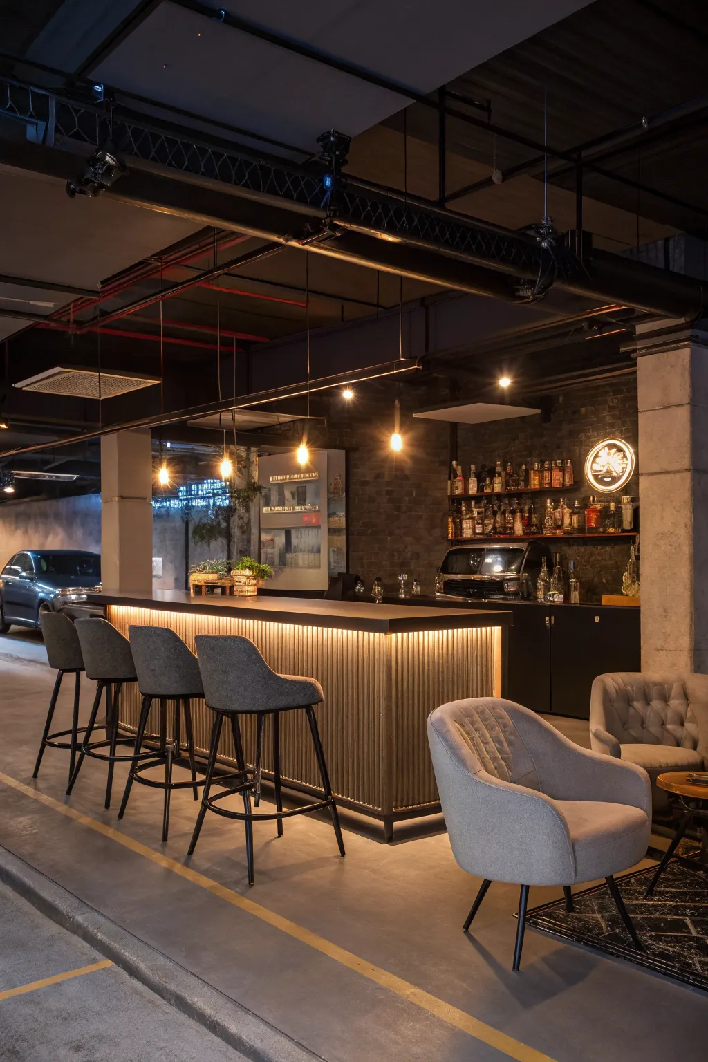 A garage bar with stylish seating and ambient lighting.