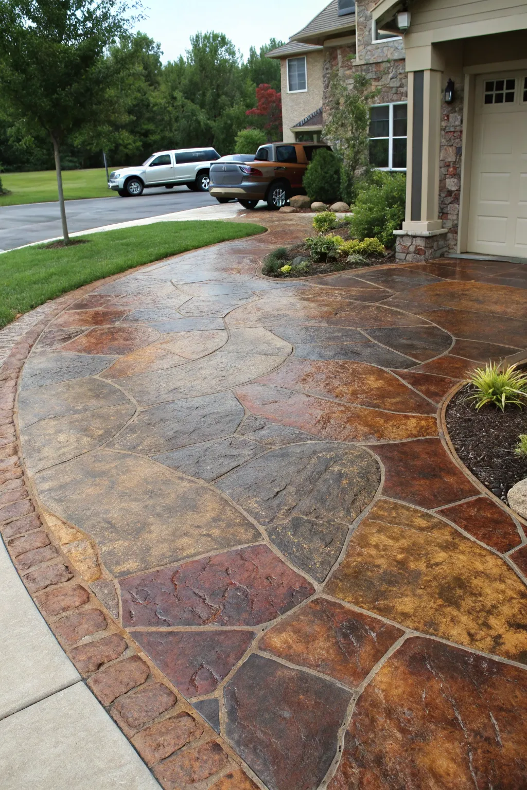 A driveway rejuvenated with stained overlays.