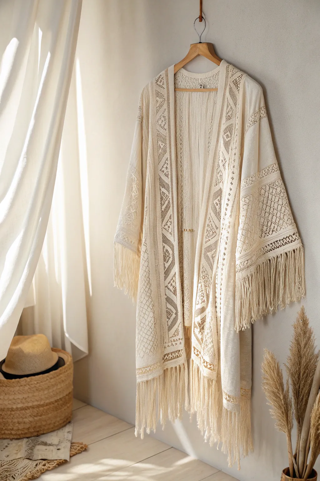 Embrace boho elegance with a fringe-detailed duster cardigan.