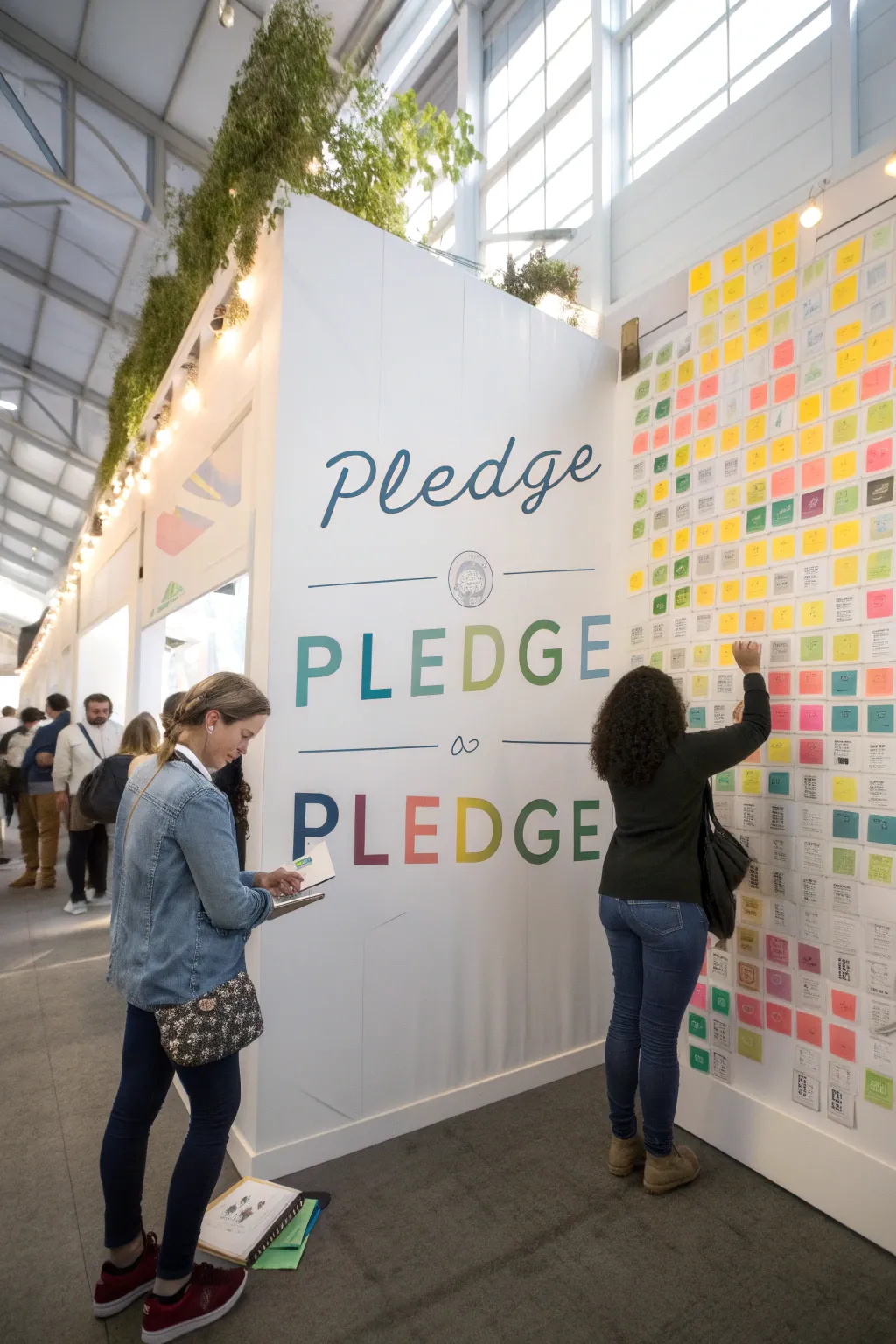 A pledge wall encourages community commitment to sustainability.
