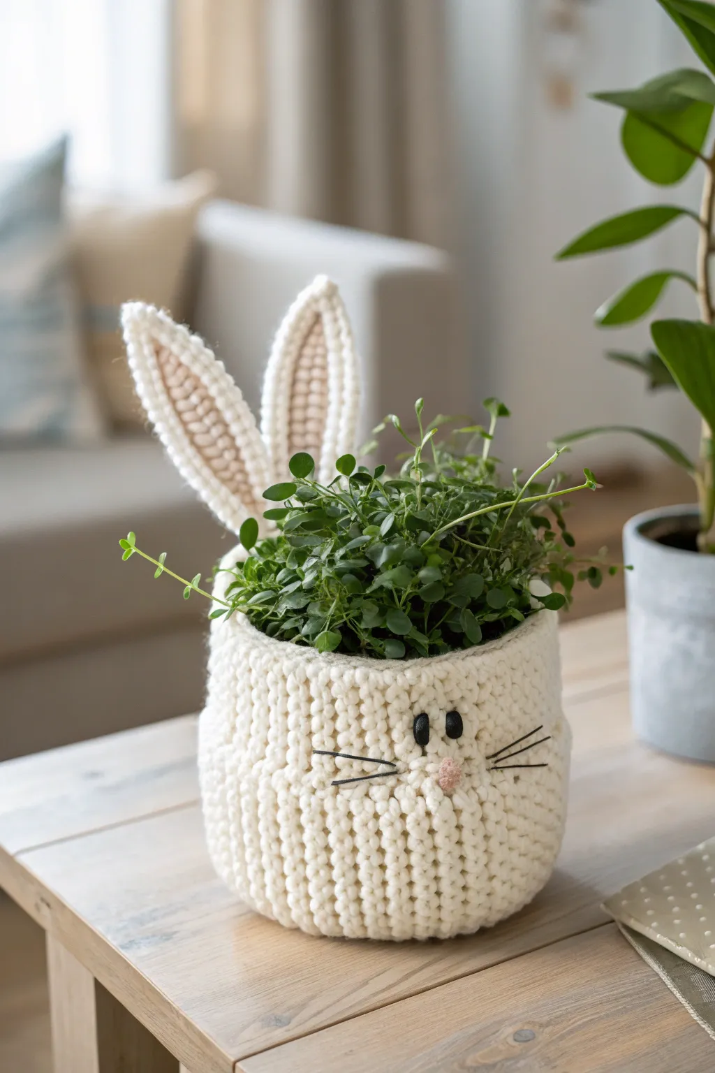 Elevate your Easter decor with this charming crochet bunny pot cover, bringing a touch of whimsy and warmth to your greenery.