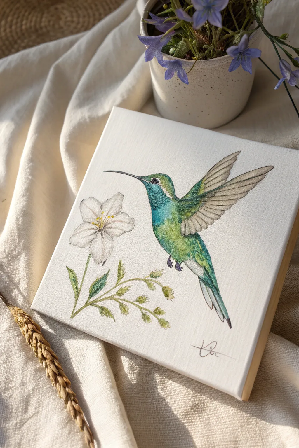Capture the elegance of a hummingbird in flight with minimalist charm and boho warmth.