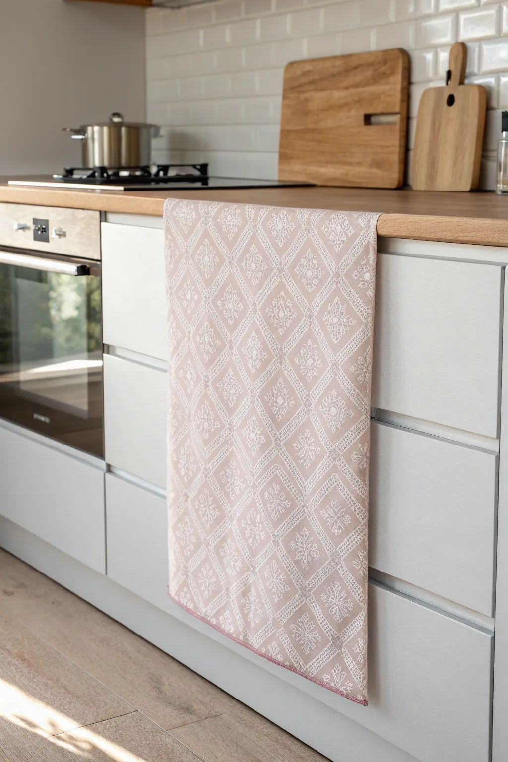 Add a touch of warmth and texture to your kitchen with fabric-covered panels—where Scandinavian simplicity meets bohemian elegance.
