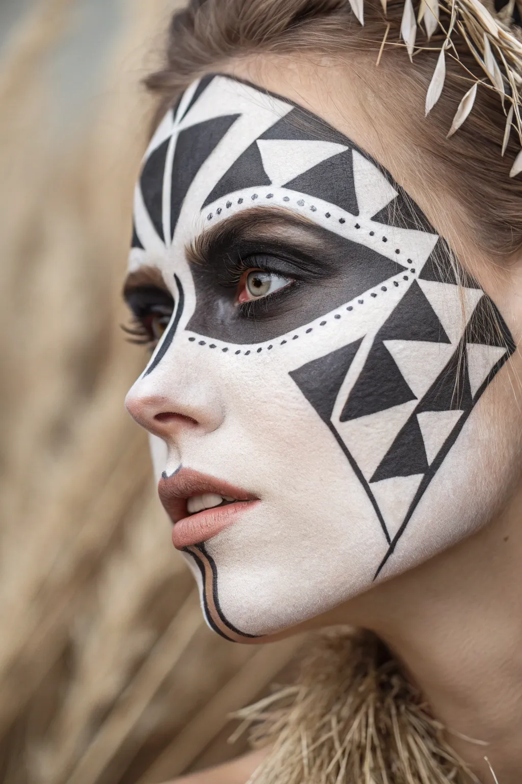 Embrace modern elegance with striking geometric face paint.