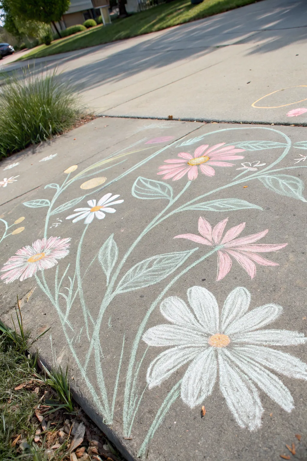 Transform your walkway into a serene garden with these simple yet stunning chalk flower designs.