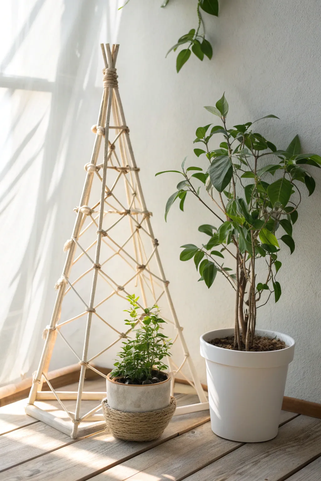 Elevate your plant game with this chic and simple string pyramid trellis!
