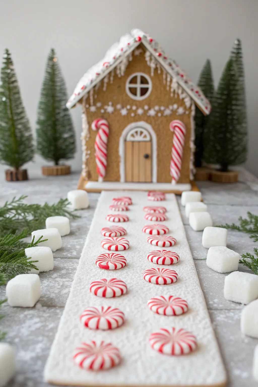 Create a festive welcome with a simple yet charming peppermint pathway to your gingerbread house.