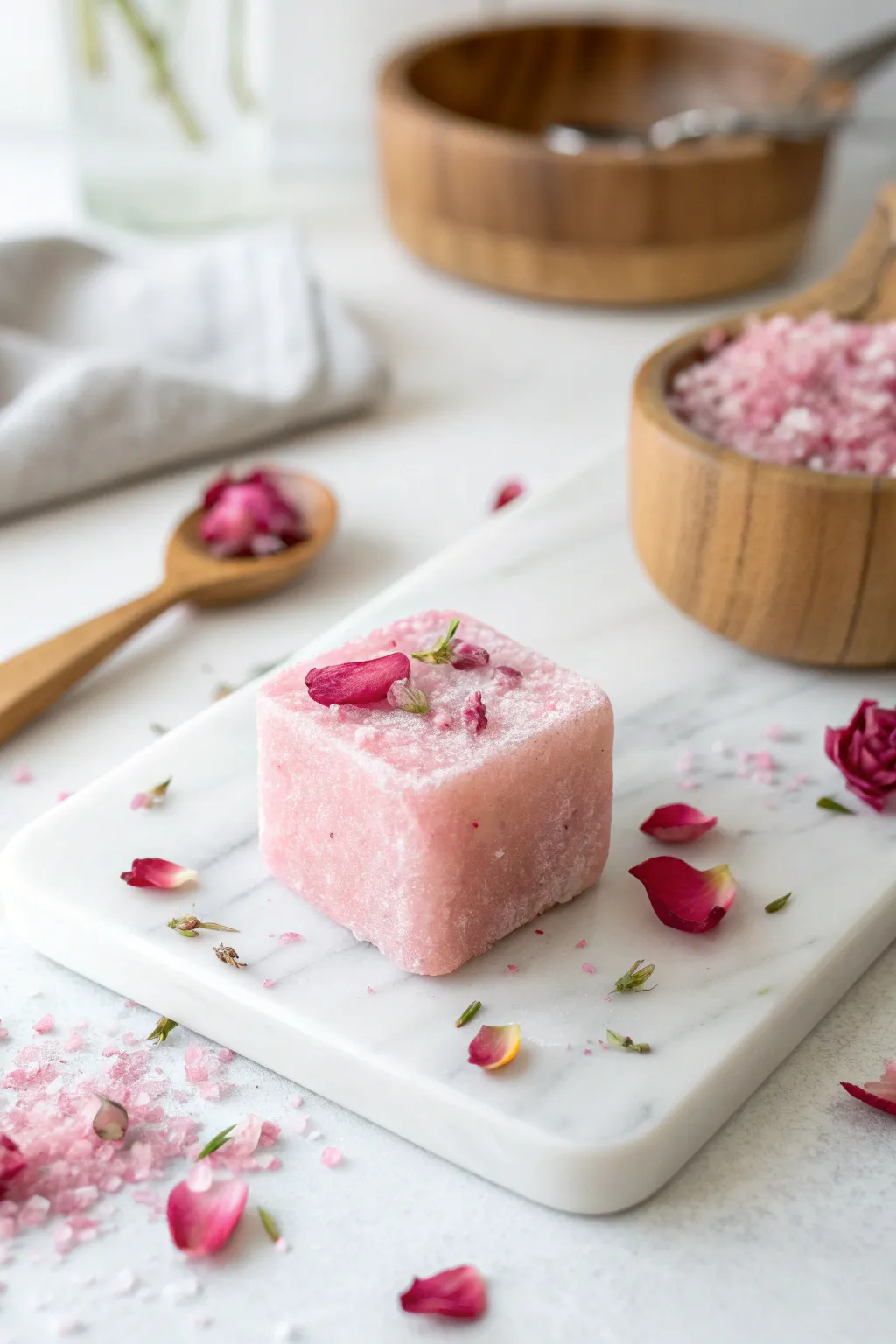 Indulge in the luxury of handcrafted rose sugar scrub cubes - a perfect Mother's Day treat.