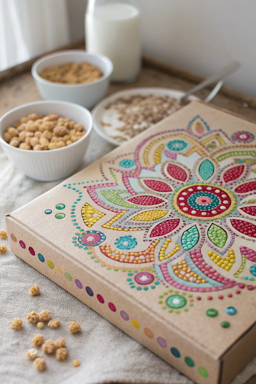 Transforming the ordinary into extraordinary: Eco-friendly dot art on a recycled canvas.