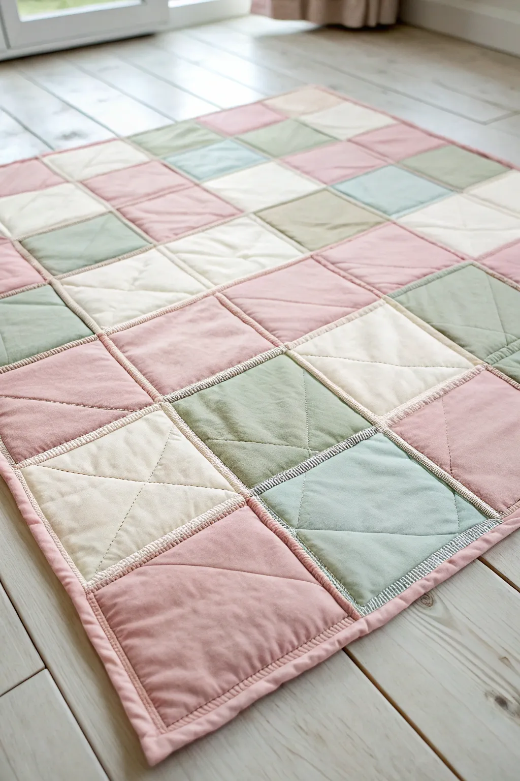Crafted simplicity: a minimalist quilt of pastel squares, embracing Scandinavian elegance with a Boho twist.