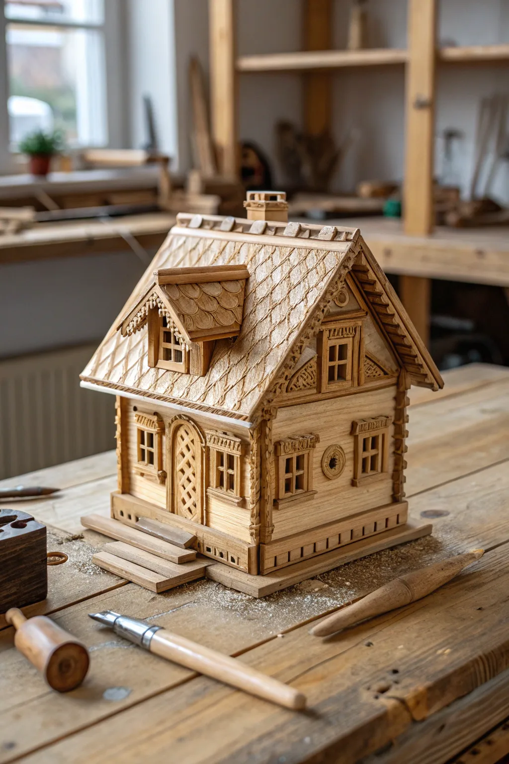 Discover the charm of craftsmanship with this intricately whittled miniature house, a gateway to an enchanted world.