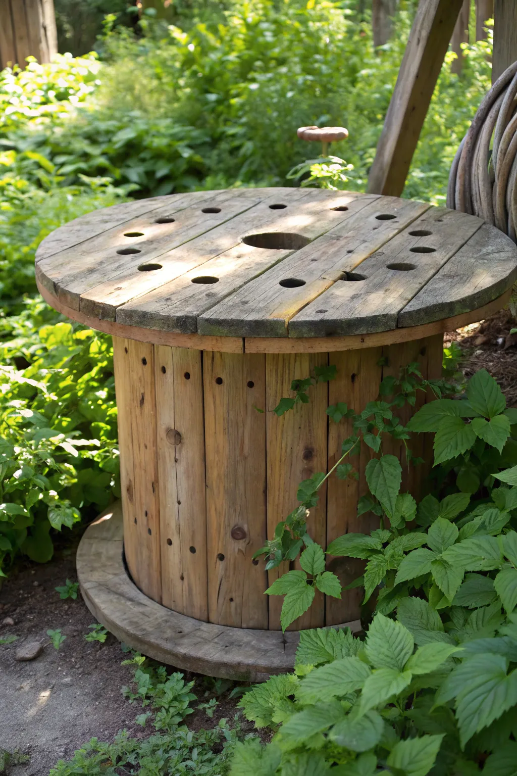 Transforming simplicity into sustainability: a handcrafted compost bin from a repurposed spool.
