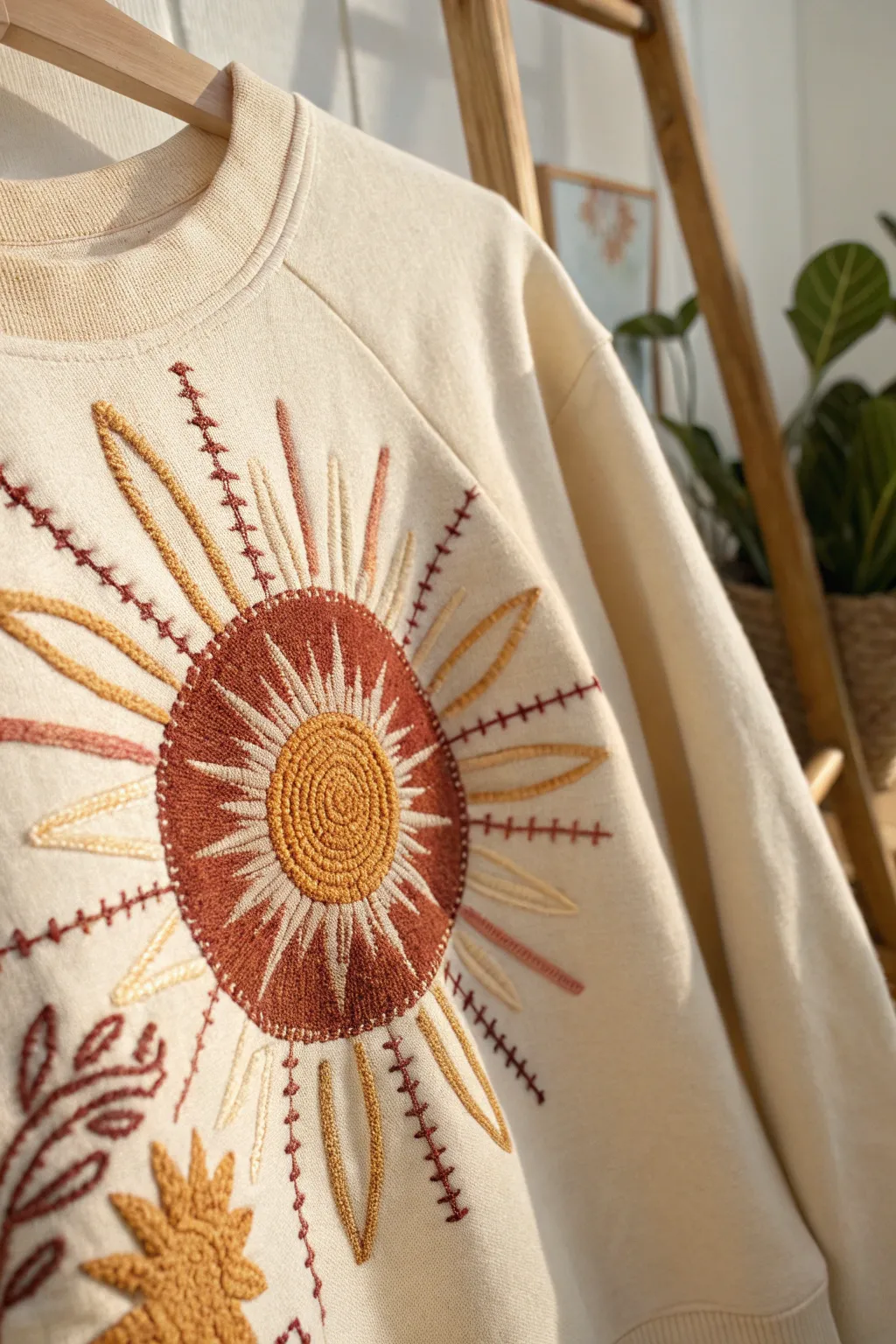 Embrace the art of texture with this stunning embroidered sunburst sweatshirt. Perfect for adding dimension and warmth to your minimalist wardrobe.