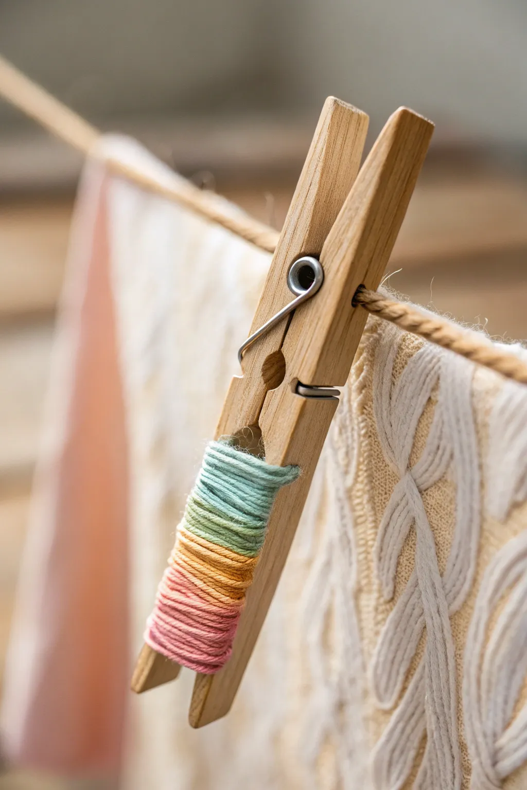 Transform your thread chaos into a minimalist masterpiece with clothespin clips.