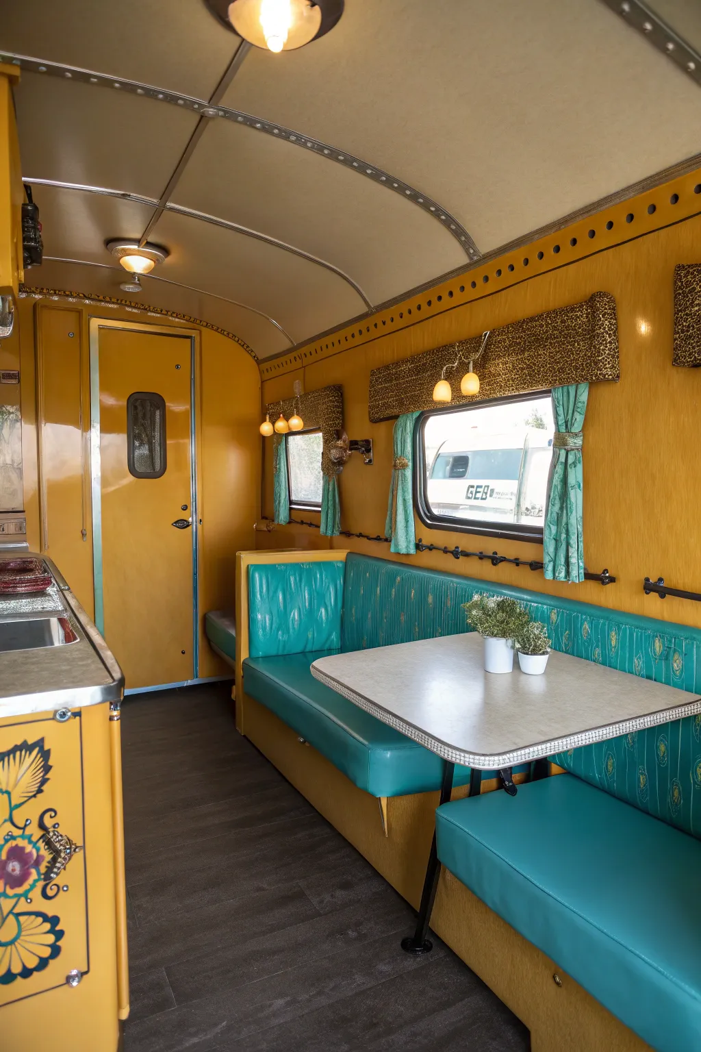 Step back in time with vintage vibes: A masterfully painted trailer interior in mustard and teal.
