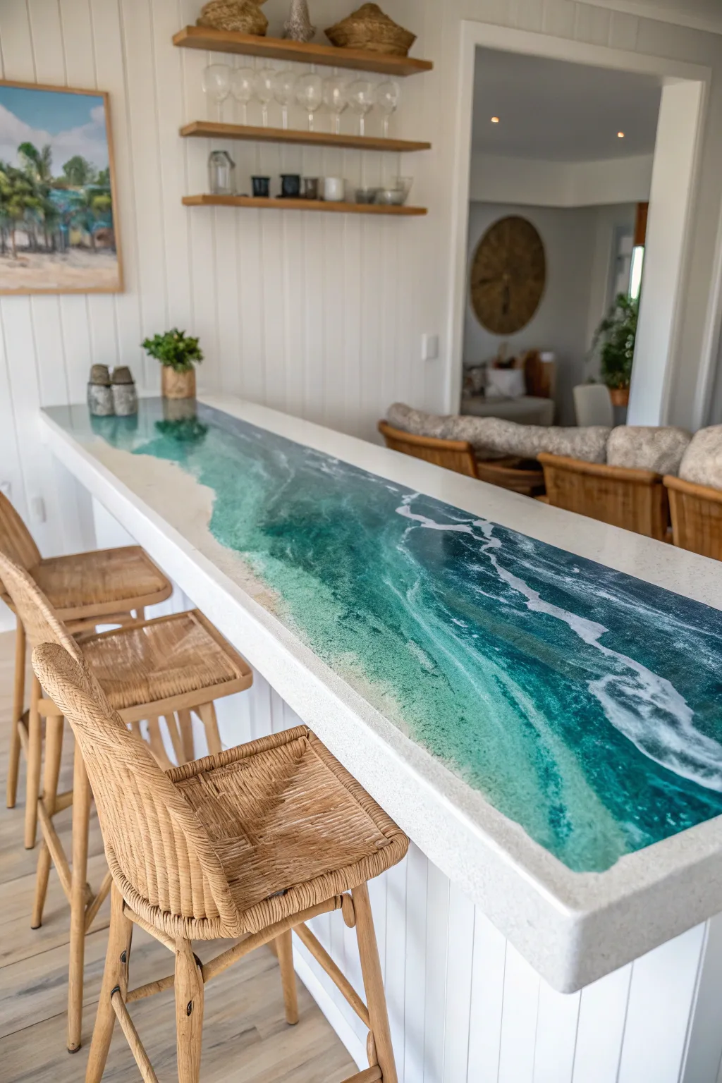 Transform your space with a stunning custom resin bar top that blends minimalist elegance with boho charm.